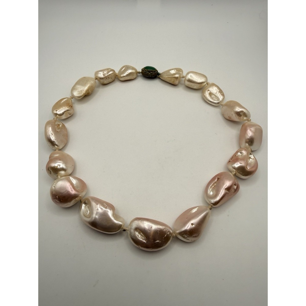 Vintage Boroque Pearl Statement Necklace Huge Pink Cream Pearls Hand Knotted 16"